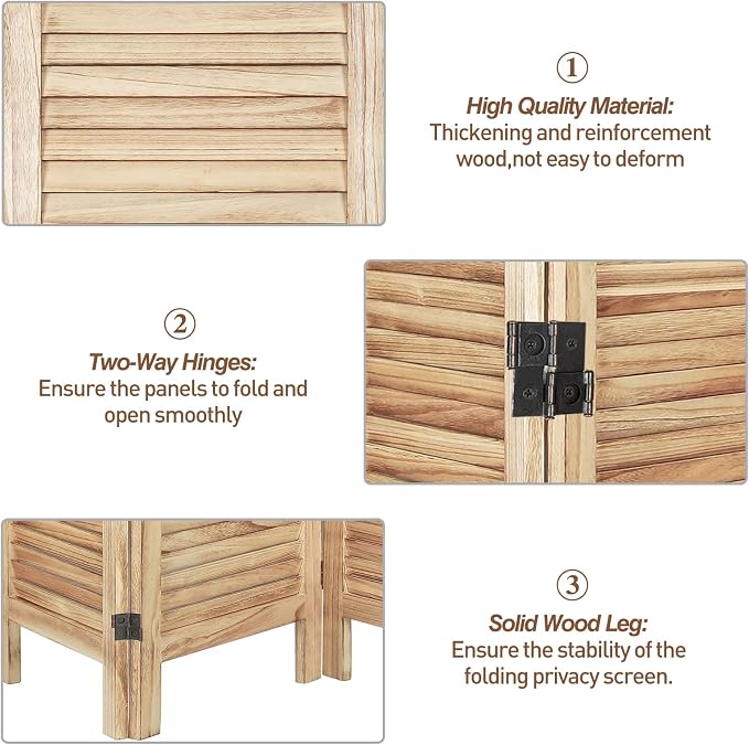 4 Panel Room Divider, Freestanding Wooden Privacy Screen | Solid paulownia wood - Image 3