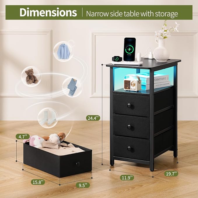 Yoobure End Table with Charging Station, LED Narrow Side Table Bedside Table - Image 2
