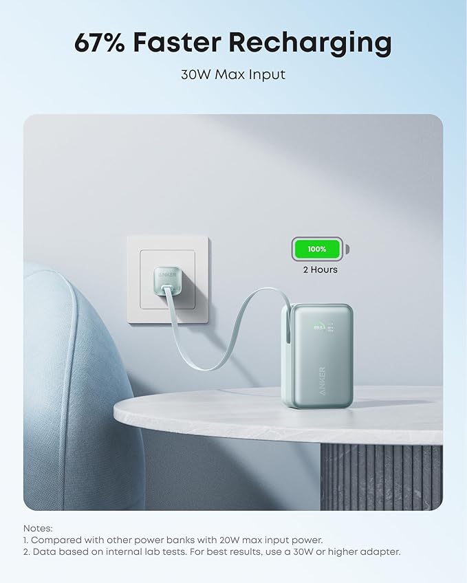 Anker Nano Portable Charger, 10,000mAh 45W Max Compact Power Bank, Travel Essential Phone Battery Pack with 2.3 ft InstaCord Retractable Cable for iPhone 17/16 Series, iPad, Galaxy, Pixel, and More