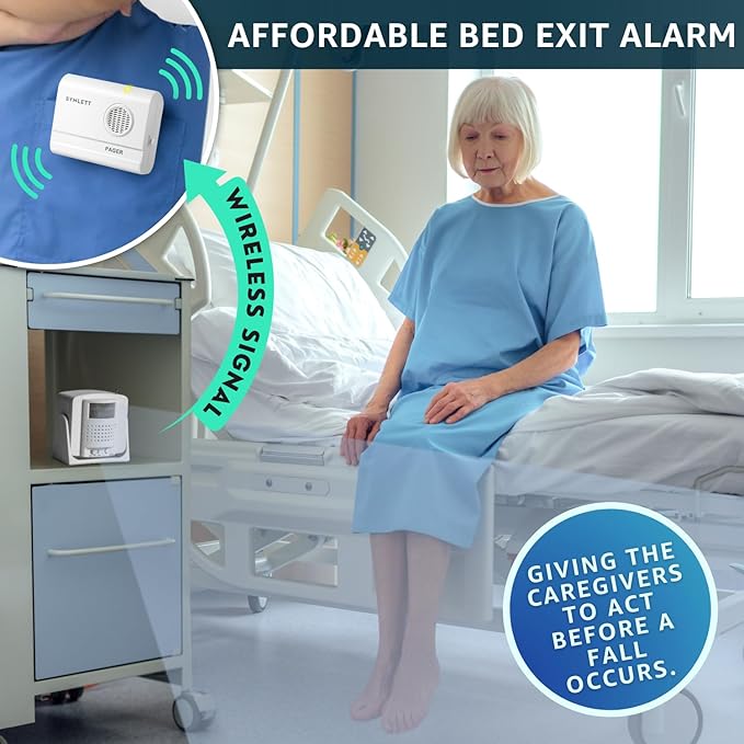 SYNLETT Bed Alarm Caregiver Pager with Wireless Motion Sensor Alarm Indoor Fall Prevention for Elderly Monitoring Seniors Dementia Patients Seniors Home Door Chime