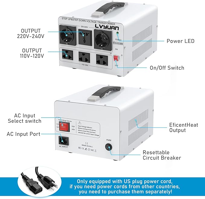 LVYUAN Heavy Duty 3000W Watt Voltage Transformer Converter Step Up/Down Converter 110/120 Volt - 220/240 Volt with 3 US,2 European,1 Universal Outlets and CE Certified,Circuit Break Protection