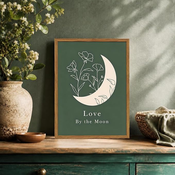 Framed Boho Sun and Moon Wall Art Set of 2, Sage Green Floral Line Pictures - Image 3