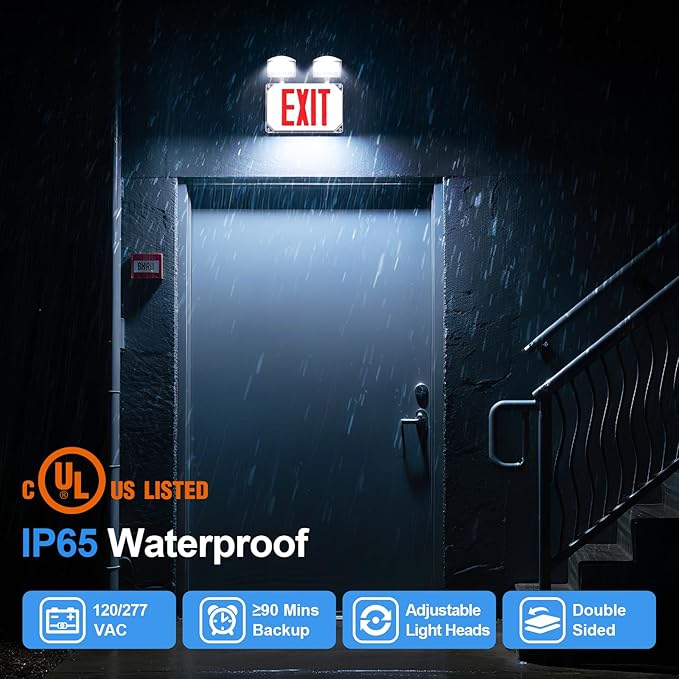 Wet Location Emergency Exit Signs with Adjustable Lights Battery Backup, UL Listed Double Face Exterior Led Exit Sign Combo, Hardwired Waterproof Red Exit Light, AC 120/277V, Wall/Side Mount (1 Pack)