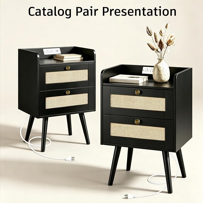 Rattan Nightstands Set of 2, Boho Bedside Table - Image 6
