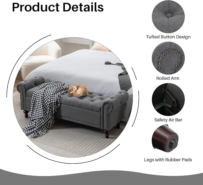 SOFTHION 58.1" Storage Bench for Bedroom, Linen Upholstered - Image 4