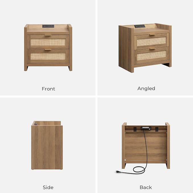 SICOTAS Night Stand with 2 Large Drawers : Rattan Bedside Table | Farmhouse - Image 9
