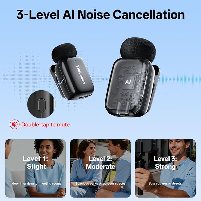 Yuaceuco Mini Wireless Lavalier Microphone for iPhone ipad Android, Noise Reduction and Mute, 33h Charging Case, AI Voice Changer, 131FT Range, Mini Lapel Mic for Video Recording, Vlogging, YouTube