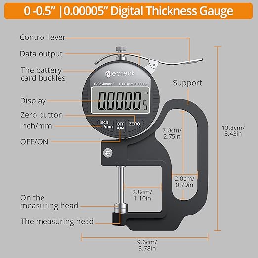 Neoteck Digital Thickness Gauge (Silver-Black, 0-1"/0.00005")