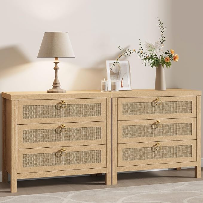 Eclatara Large Rattan Night Stand Set of 2 Boho Nightstand by Eclatara