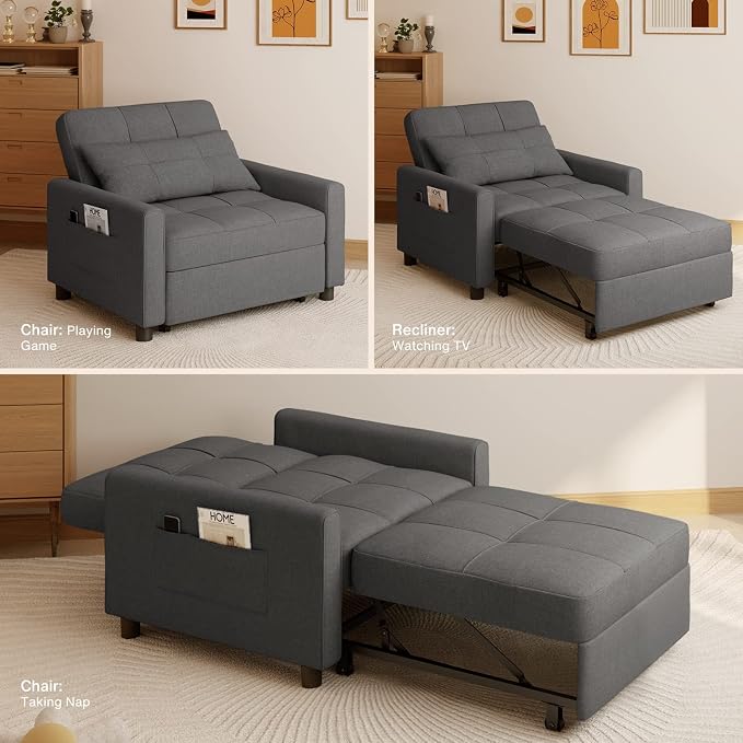 Aiho 3-in-1 Sleeper Chair Bed Convertible Sofa, Dark Gray | Convertible Chair - Image 10