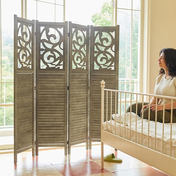 Room Divider Wood Carved Wall Divider Indoor Folding Portable Partition Screen - Image 5