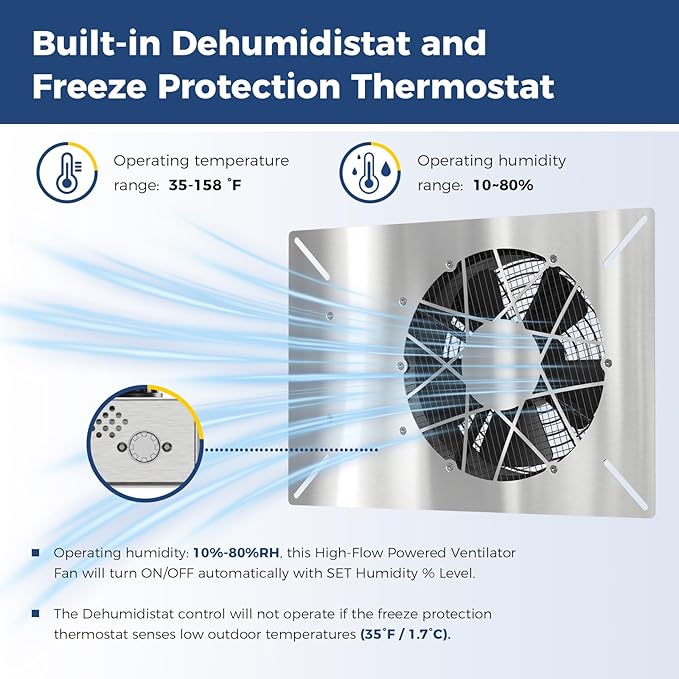 ALORAIR 540 CFM Stainless Steel Crawl Space Vent Fan - Air Out Ventilation Fan with Humidistat Dehumidistat, IP55 Rated Exhaust Fan with Isolation Mesh for Crawlspace Foundation Basements Garage Attic