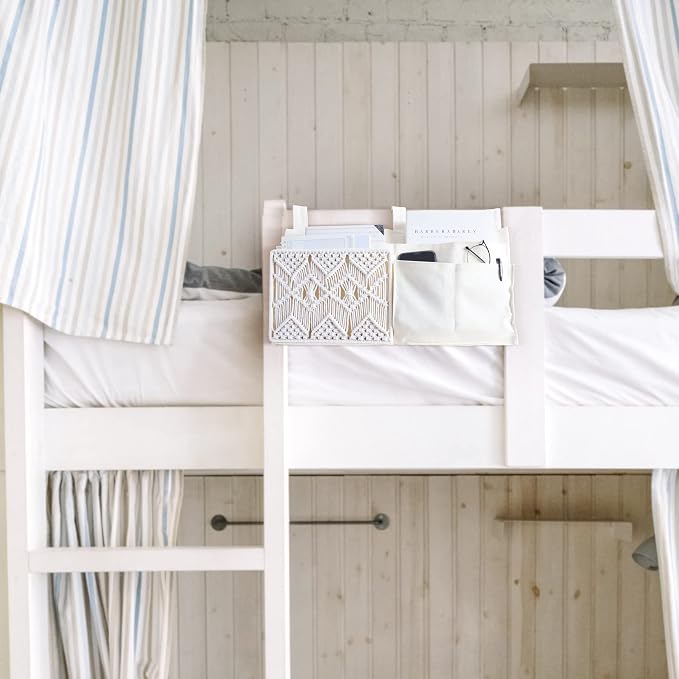 Mkono Bedside Caddy, Macrame Bunk Bed Hanging Organizer, 7 Pockets Ivory | Dorm - Image 2