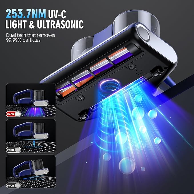 JPHYLL Mattress Vacuum Bed Vacuum Cleaner 16Kpa Suction 253.7nm UV-C Light, 140°F Heated Air, 30000 RPM Brushroll, Ultrasonic, HEPA Filter, Handheld Vacuums for Carpet/Sofa, 500W Corded, (Light Blue)