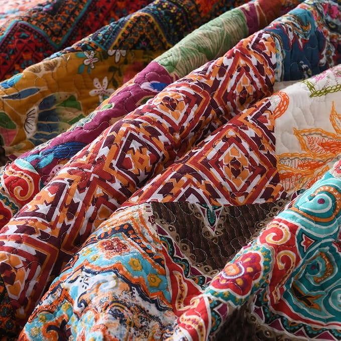 Autumn Dream Cotton Patchwork Bedspread Quilt Sets, Reversible Bedding Coverlet - Image 9