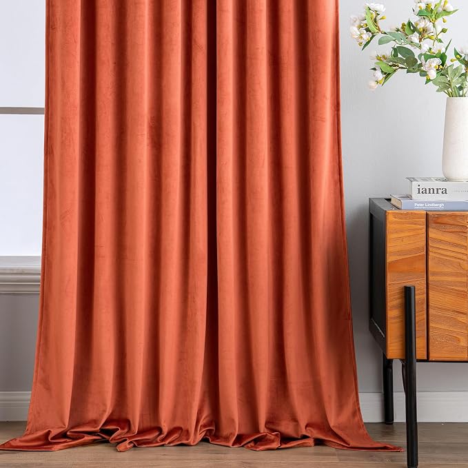 MIULEE Fall Burnt Orange Velvet Blackout Curtains Pinch Pleat 52" Wx90 L | 2 - Image 7