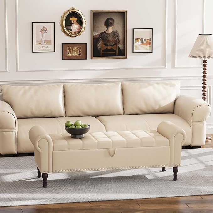 Apicizon 60” Bench with Storage, Faux Leather Ottoman Bench with Rolled Arm & - Image 5