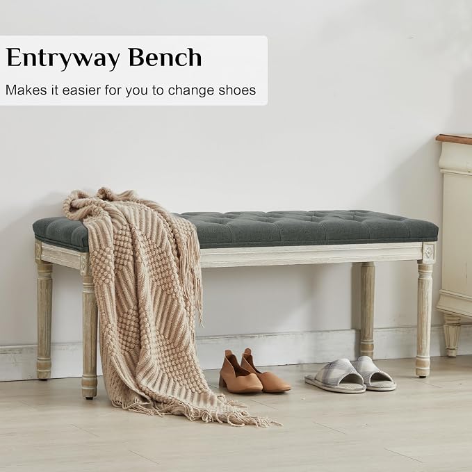LOULENS 43.9" Linen End of Bed Bench, Vintage Bedroom Bench, Dark Grey | French - Image 7