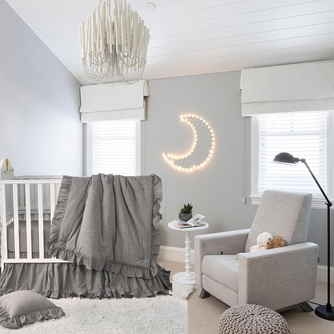 Brandream Boho Bohemian Boy Girl Baby Nursery Crib Bed Skirt Dust Ruffle - Neutral Solid Color Gray Grey Farmhouse Chic 100% Washed Cotton Ruffle - 4 Sided