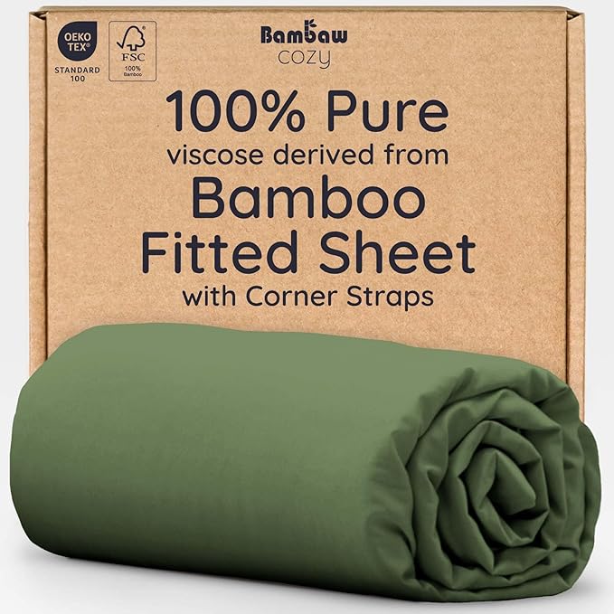 Bambaw King Fitted Sheet Only, 100% Viscose Derived from Bamboo Fitted Sheet King Size, Cooling & Soft, 16” Deep Pocket (Olive)