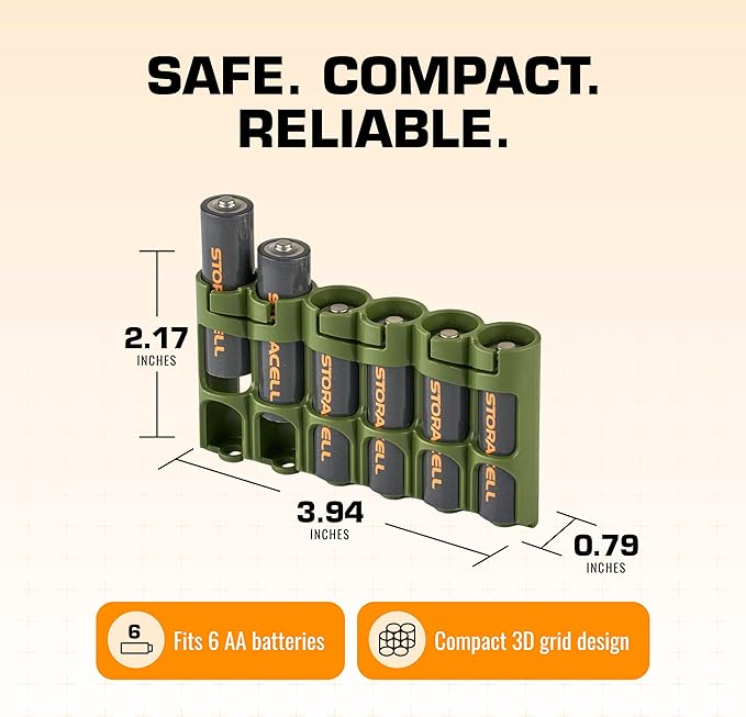 Storacell Slimline AA-6 Battery Storage Caddy and Dispenser, Military Green, Holds 6 AA Batteries (Not Included), Durable & Compact Design, The Original Battery Caddy, Made in The USA