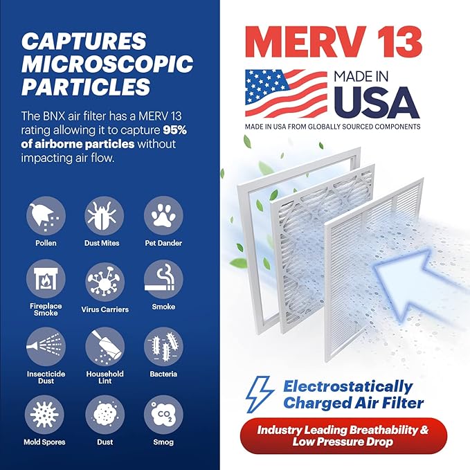 BNX TruFilter 16x25x1 Air Filter MERV 13 (6-Pack) - MADE IN USA - Electrostatic Pleated Air Conditioner HVAC AC Furnace Filters for Allergies, Pollen, Mold, Bacteria, Smoke, Allergen, MPR 1900 FPR 10