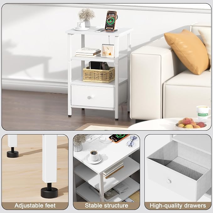 Side Table with Charging Station, Nightstand with Adjustable Fabric Drawer - Image 6