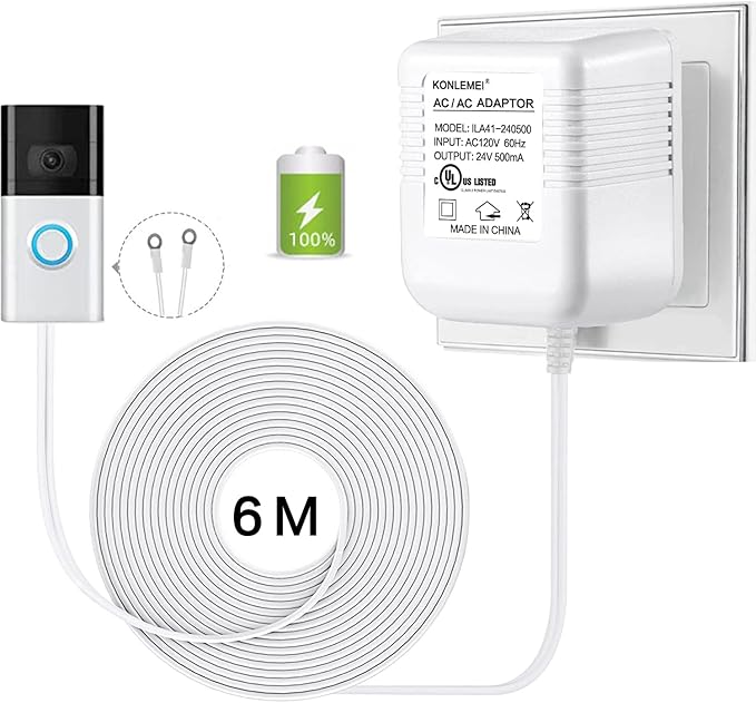 KONLEMEI Doorbell Power Adapter, 24V Transformer Compatible with Video Doorbell, 20ft/6M,White