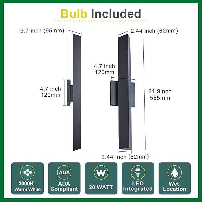 Tarentlight Modern Minimalist 20W LED Outdoor Wall Light, IP65 Waterproof, 1700 Lumens Warm White, Black Textured Aluminum & Frosted Glass, Wall-Mounted Porch Lights for Garage, Patio, Entryway