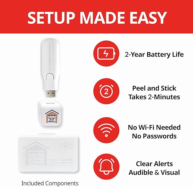 Garage Door Minder® Version II. 100% Wireless. Installs in Two Minutes! No Wi-Fi. in-Home Monitor & Alert System. Great for Seniors!