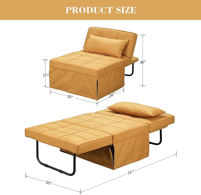 Yellow Sofa Bed, Convertible Chair 4 in 1 Multi-Function Modern Folding Ottoman - Image 2