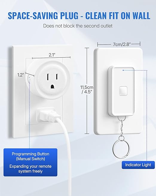 WILAWELS Remote Control Outlet Wireless Wall Switch, Wireless On Off Remote Switch Outlet with Magnetic Base for Light, Lamp, 100ft RF Range, 10A/1250W, Two Switches for One 0utlet W14RC2106