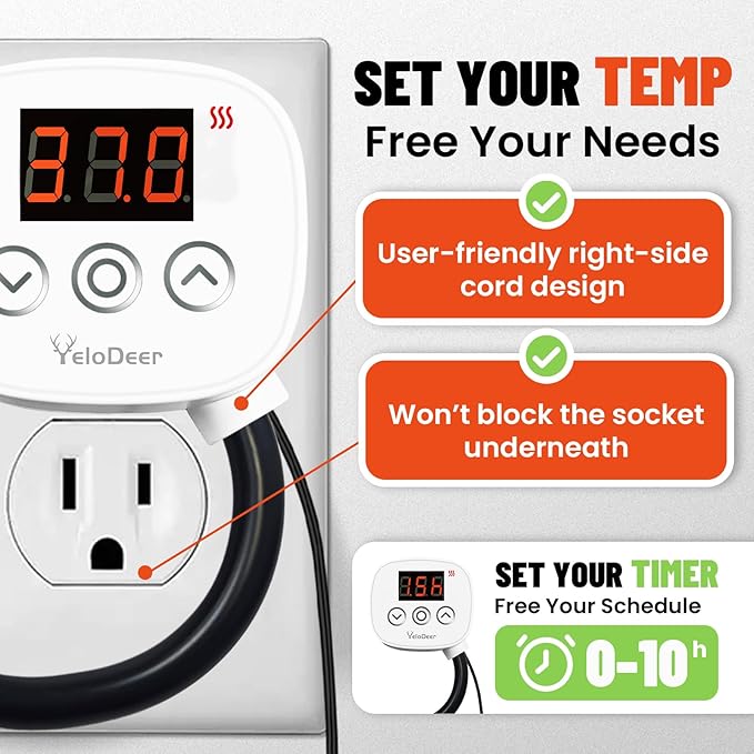 YeloDeer Digital Temperature Controller Outlet, Plug in Thermostat Switch 34-140°F, Timer Range 0h-10h,for Pipe Heating Reptile Greenhouse Aquarium Brewing Seedling Breeding and Hatching 110-120V 10A