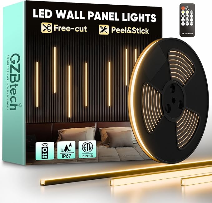 GZBtech Flexible LED Recessed Strip Light for Wood Slat Wall Panels 16.4FT, 3000K Warm White Cuttable Neon Rope Lighting with Remote Control, Dimmable IP67 Waterproof Black Strip Lights, ETL Listed
