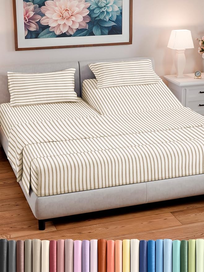 Split Head King Sheet Set – 4 Piece Flex Split Top King Sheets for Adjustable Beds - Fits 14” to 16" Mattress w/ Deep Pockets - Breathable & Cooling - Luxury Bedding and Wrinkle Free - Beige Stripes 2