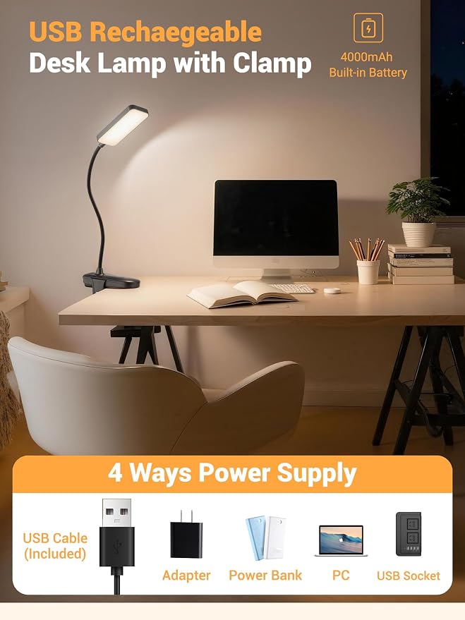 Clip on Light, 9 Brightness+5 Color Rechargeable Lamp, 48 LED Small Desk Lamp | - Image 5