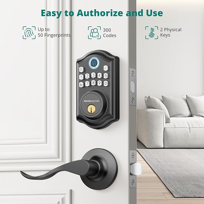 AkaGear DS10 Keyless Entry Door Lock with Handle - 2 Lever Handles, Fingerprint Door Lock, Keypad Deadbolt, 2 Keys, Code, Smart Locks for Front Door, Auto-Lock, Easy Installation - Matte Black
