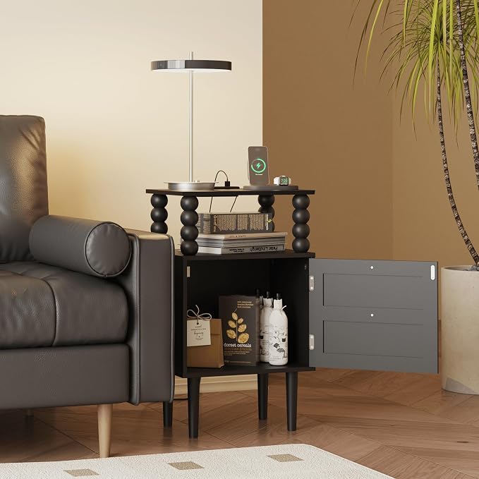 Black Nightstand with Outlet, Storage Drawer and Open Wood Shelf, Wood Legs | - Image 7