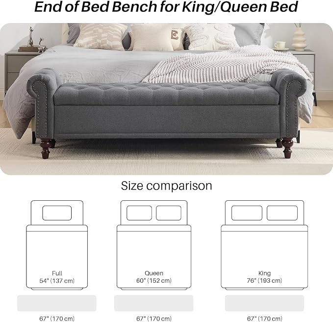 SOFTHION 67" Storage Bench for Bedroom, Linen Upholstered, Dark Grey | King - Image 5