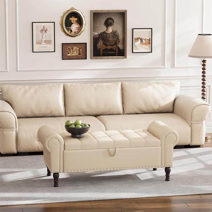 Apicizon 51” Bench with Storage, Faux Leather Ottoman Bench with Rolled Arm & - Image 7