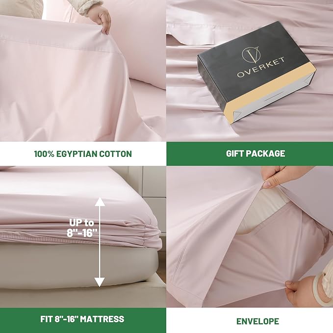 100% Egyptian Cotton Sheets King Size 4PCS 1000 Thread Count Sateen Weave Soft Breathable 16-Inch Deep Pocket （King,Light Pink）
