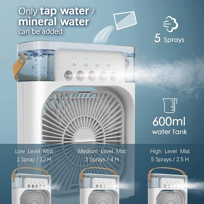 NTMY Portable Air Conditioner Fan, Mini Evaporative Air Cooler with 7 Colors LED Light, 1/2/3 H Timer, 3 Wind Speeds and 3 Spray Modes for Your Desk, Nightstand, or Coffee Table