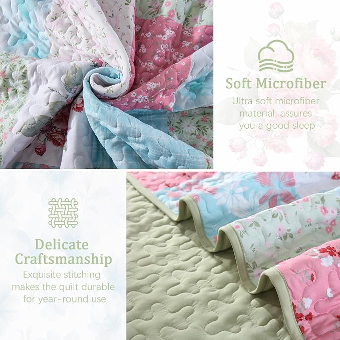 Mybedsoul Blue Pink Patchwork King Size Quilt, Soft Boho Floral King Bedspreads - Image 6