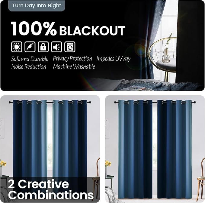 SimpleHome 100% Blackout Ombre Bedroom Curtains Blue and Greyish White - Image 3