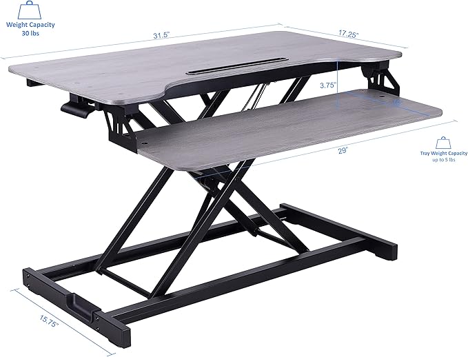 Rocelco Standing Desk Converter 31.5 Inch Sit Stand Up Dual Monitor Tabletop Riser with Tablet Mount, Height Adjustable Home Office Workstation - Deep Keyboard Tray for Laptop Mouse - Gray (R VADRG)
