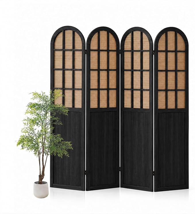 4 Panel Room Divider Privacy Screen Bamboo Wood Black | Folding Freestanding - Image 9