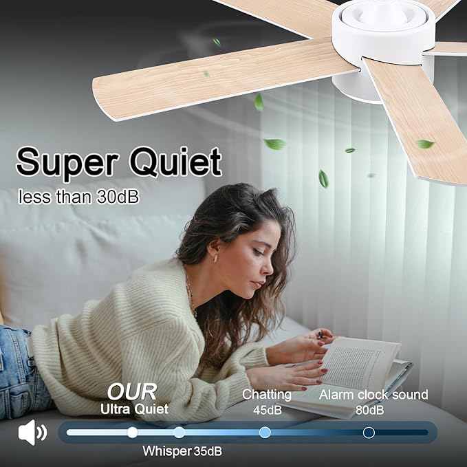 POCHFAN 42 inch White Ceiling Fans with Lights and Remote, LED Dimmable 3 CCT Temperatures 6-Speed, Noiseless Modern Ceiling Fan for Bedroom, Living Room, Dining Room, ETL Listed