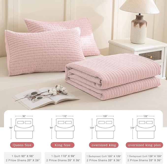 CozyTide Stone-Washed Cotton King Quilt, Blush Pink Stitching Pattern King Size - Image 7