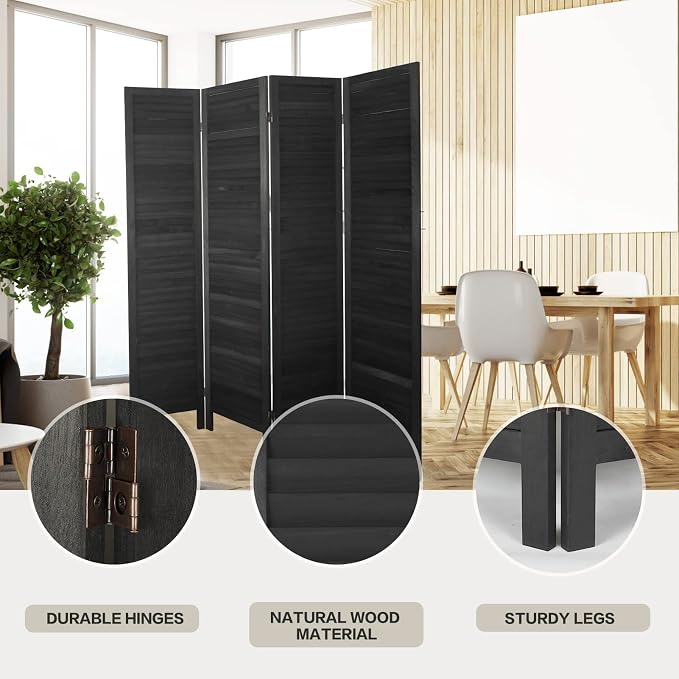4 Panel Room Divider, Freestanding Wooden Privacy Screen | Solid paulownia wood - Image 4