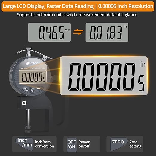 Neoteck Digital Thickness Gauge 1inch/25.4mm,0.00005inch/0.001mm LCD Display with Inch/MM Conversion One-Hand Quick Press Thickness Measuring Tool for Leather Paper Fabric Film etc.-Silver-Grey